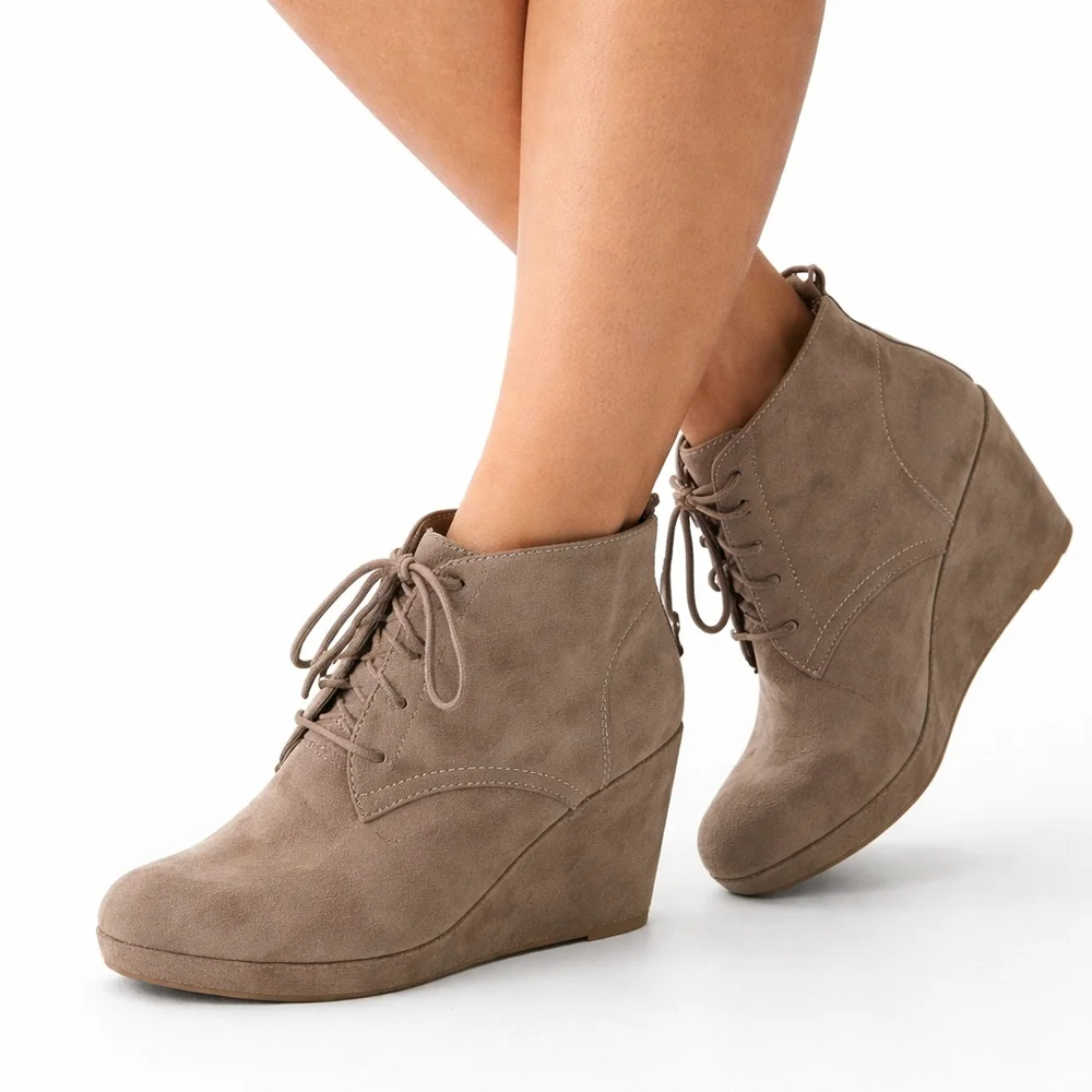 Taupe Lace-Up Wedge Ankle Booties | Soft Suede | Size 8